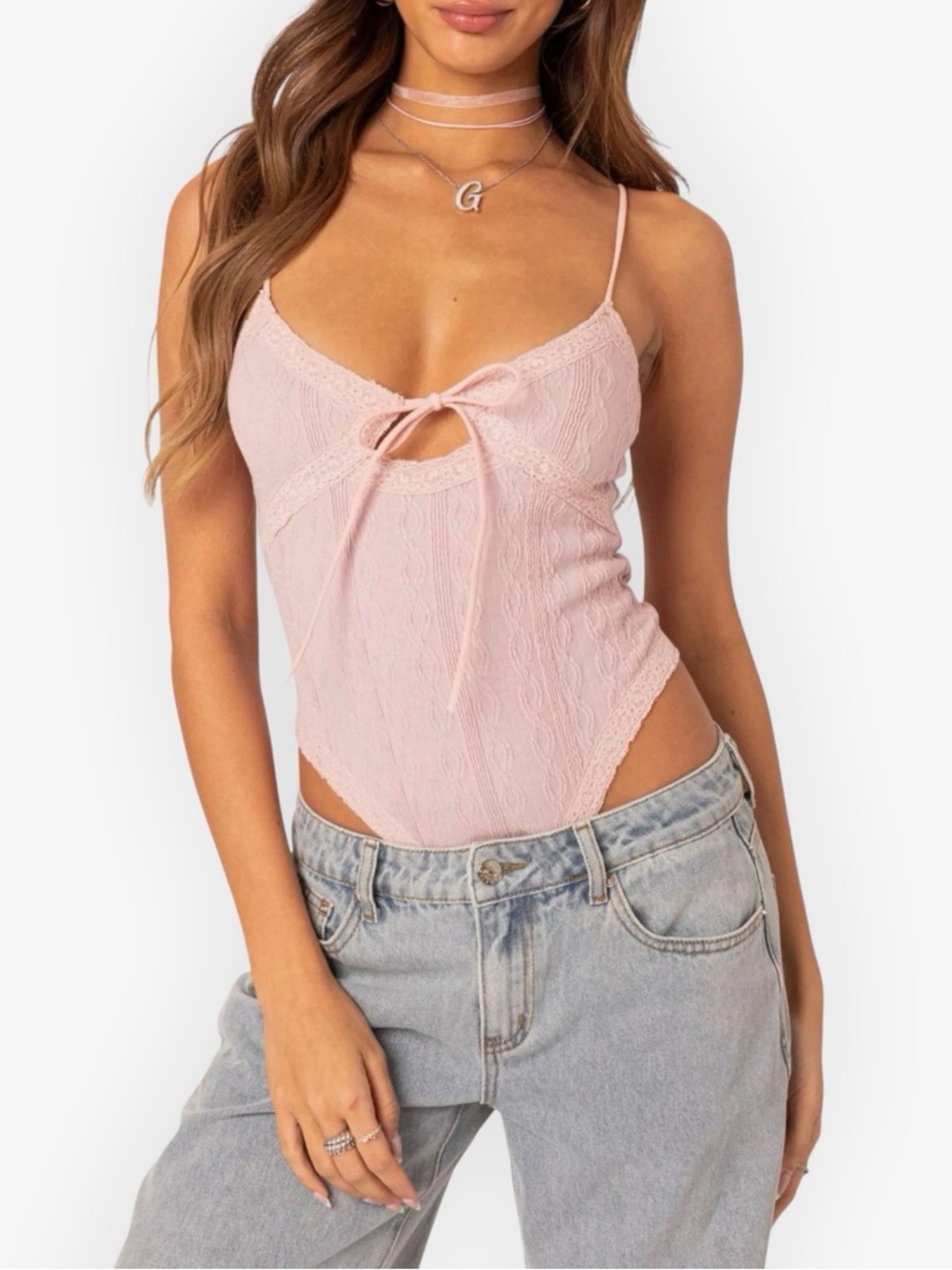 Edikted Light-Pink Lacey Keyhole Knit Bodysuit Size Small